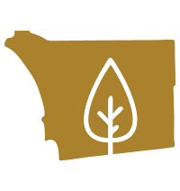 Tree icon inside a brown outline of the City of San Diego on a transparent background
